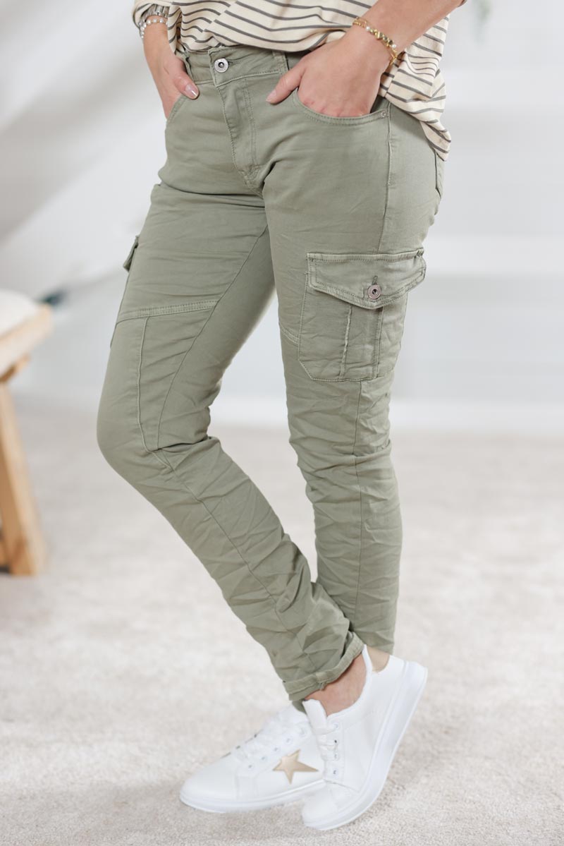 Pantalon cargo kaki stretch grandes poches H020 (1)