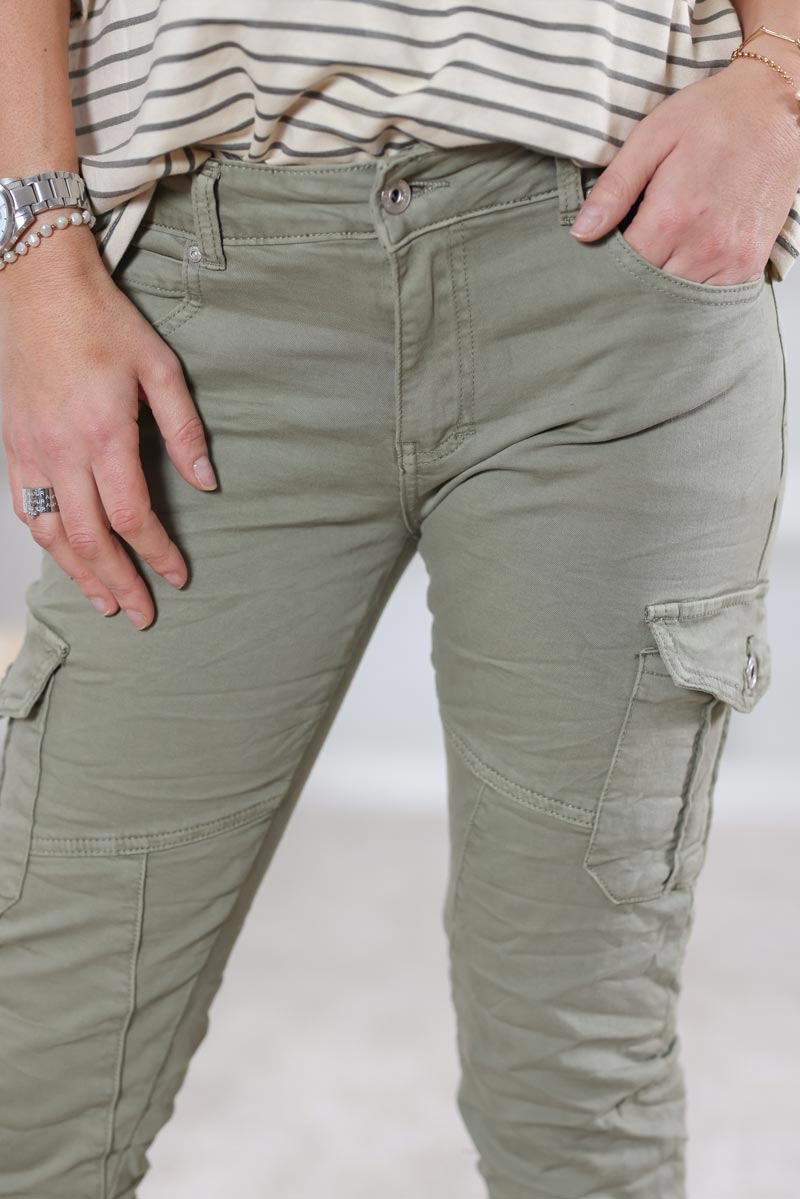Pantalon cargo kaki stretch grandes poches H020 (1)