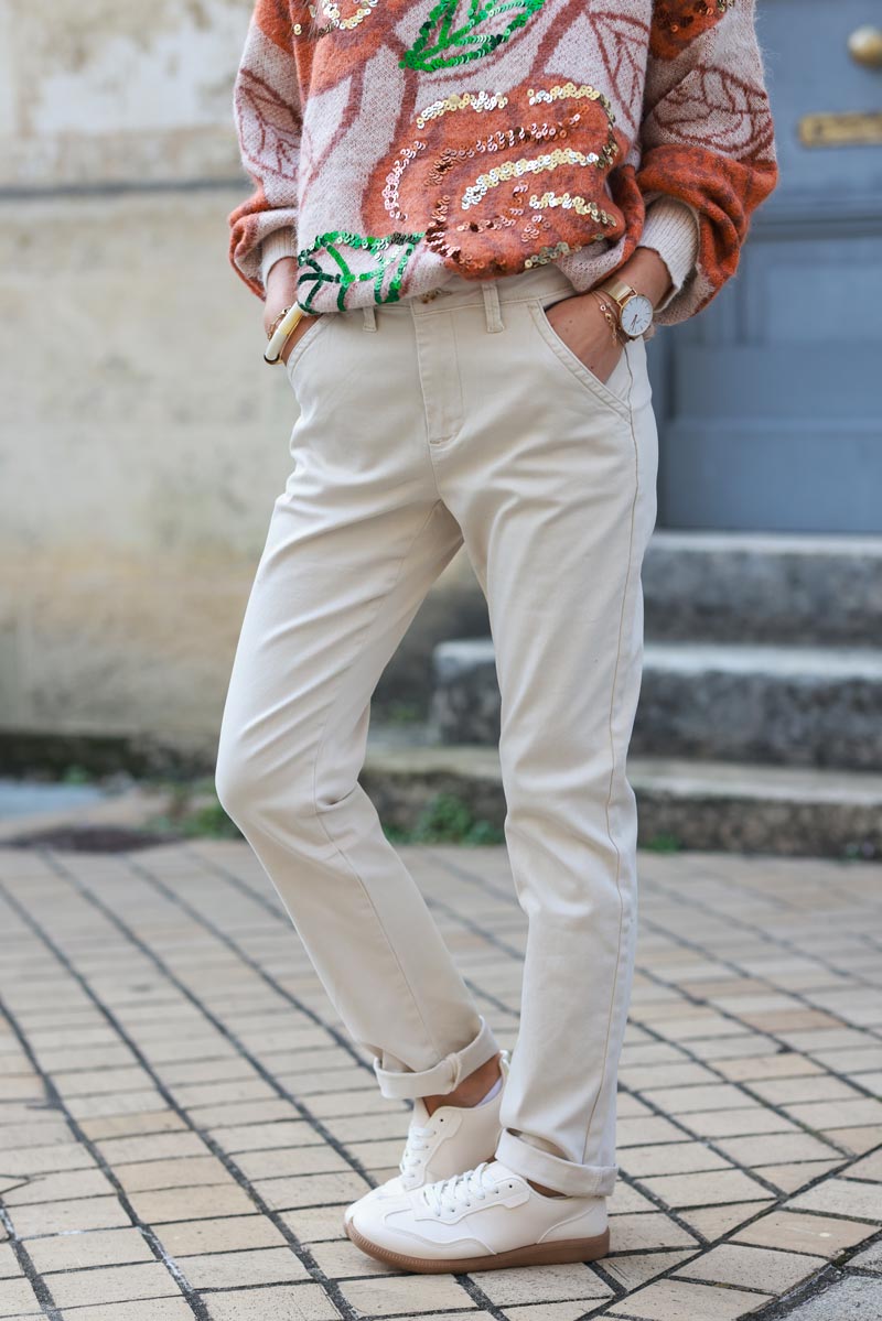 Beige stretch and straight chino pants