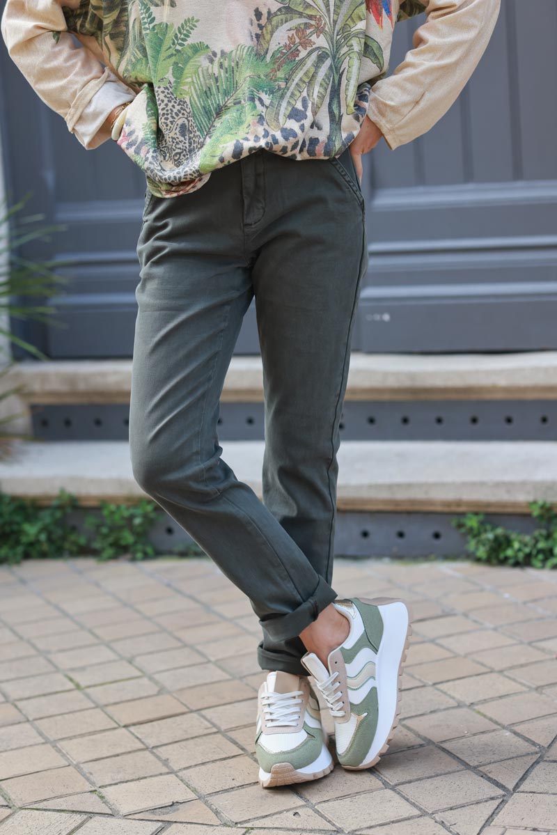 Khaki stretch and straight chino trousers