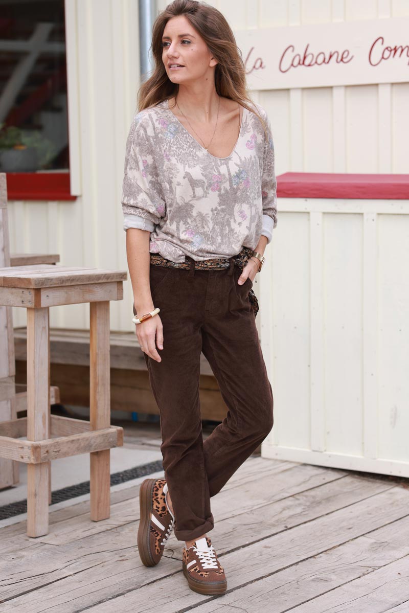 Pantalon chino marron chocolat en velours côtelé avec ceinture foulard