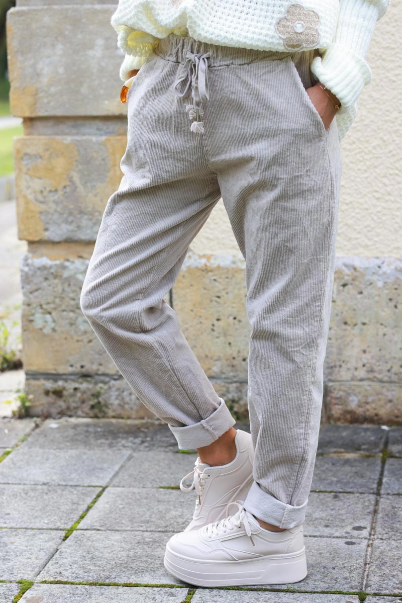 Pantalon confort beige en velours côtelé stretch ceinture élastique