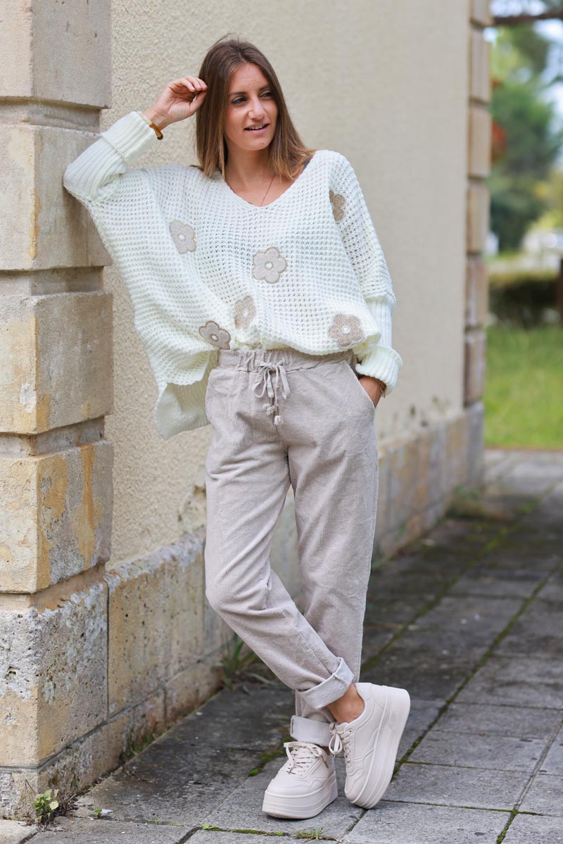 Pantalon confort beige en velours côtelé stretch ceinture élastique