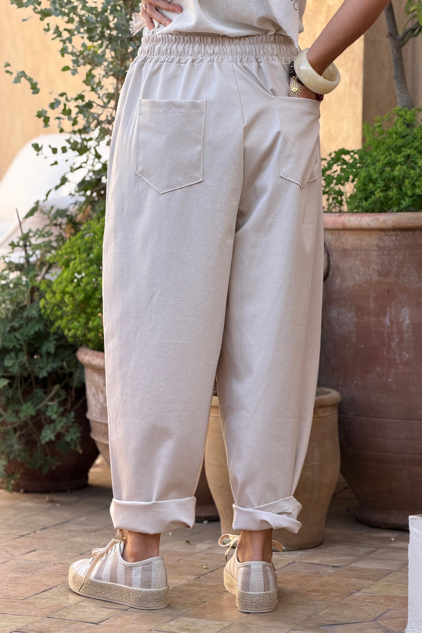 Beige Poplin Pull-On Pants