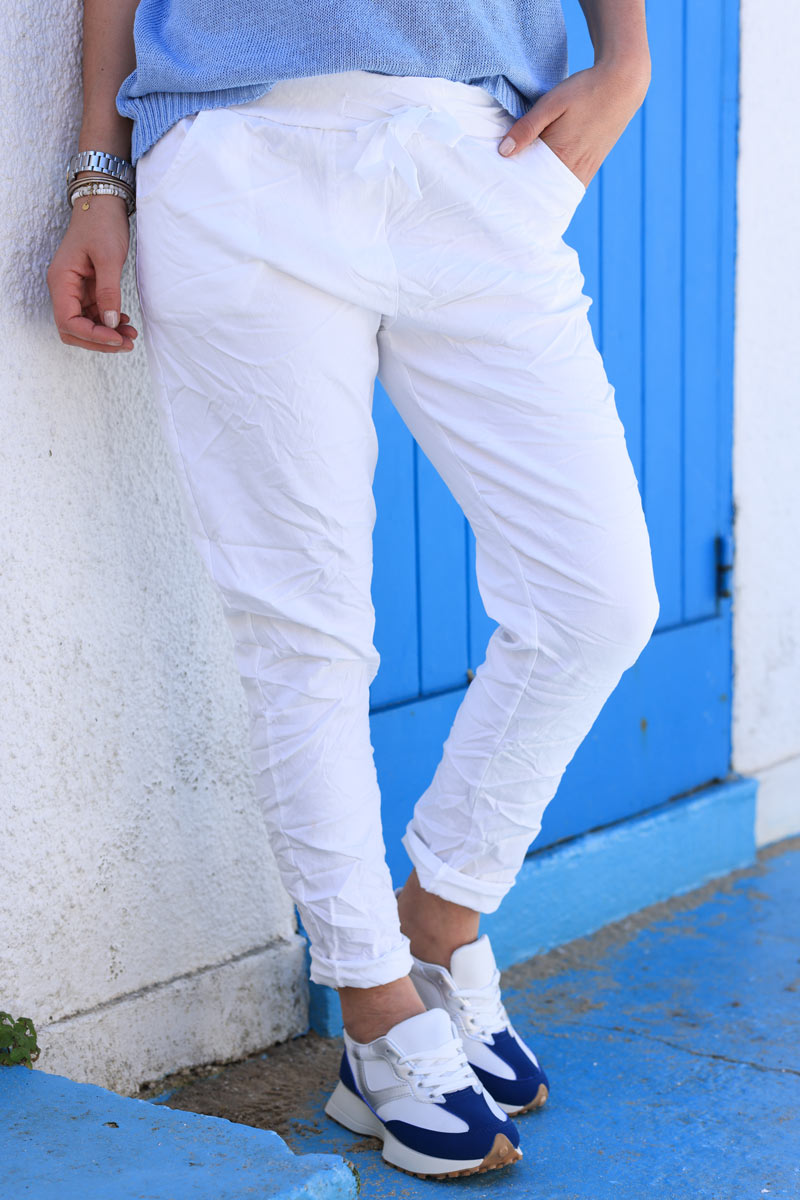 Pantalon confort blanc en toile stretch étoile brillante paillettes