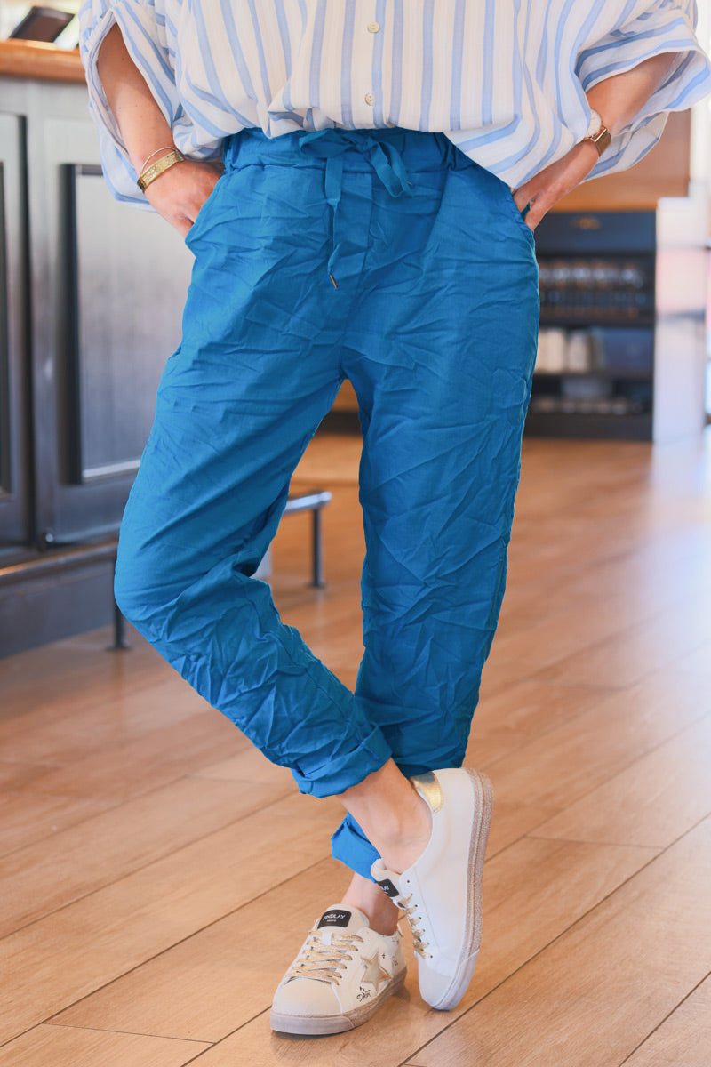 Blue Creased Effect Pants Elasticated Waist