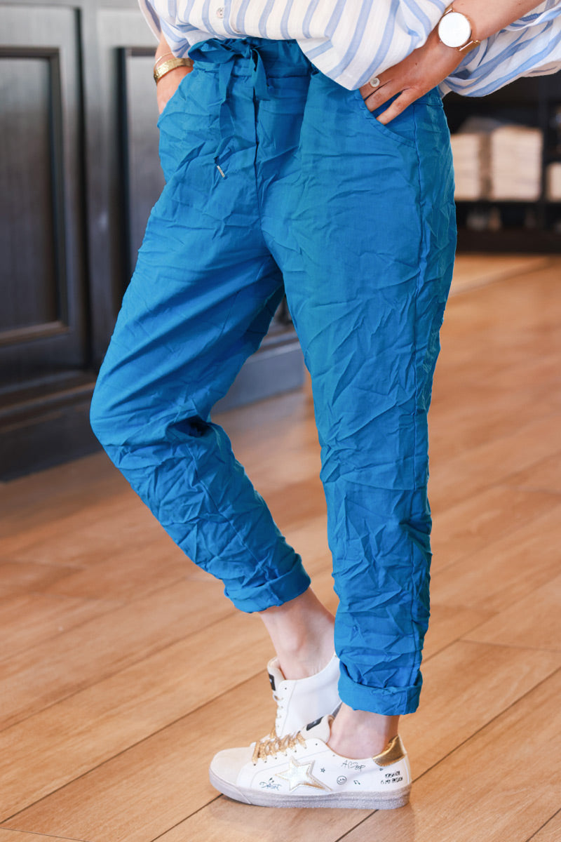 Blue Creased Effect Pants Elasticated Waist