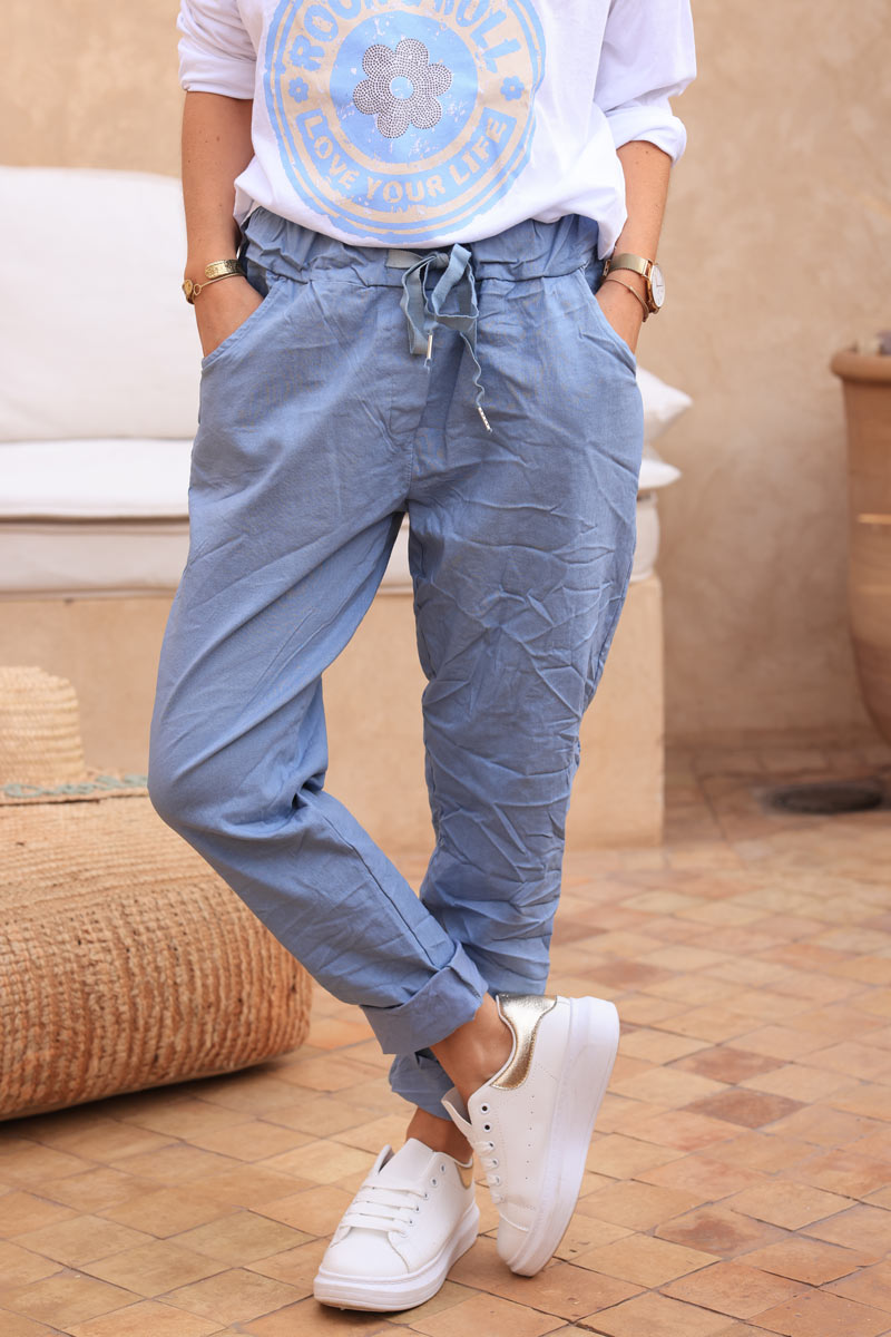 Pantalon confort bleu jean en toile stretch étoile brillante paillettes