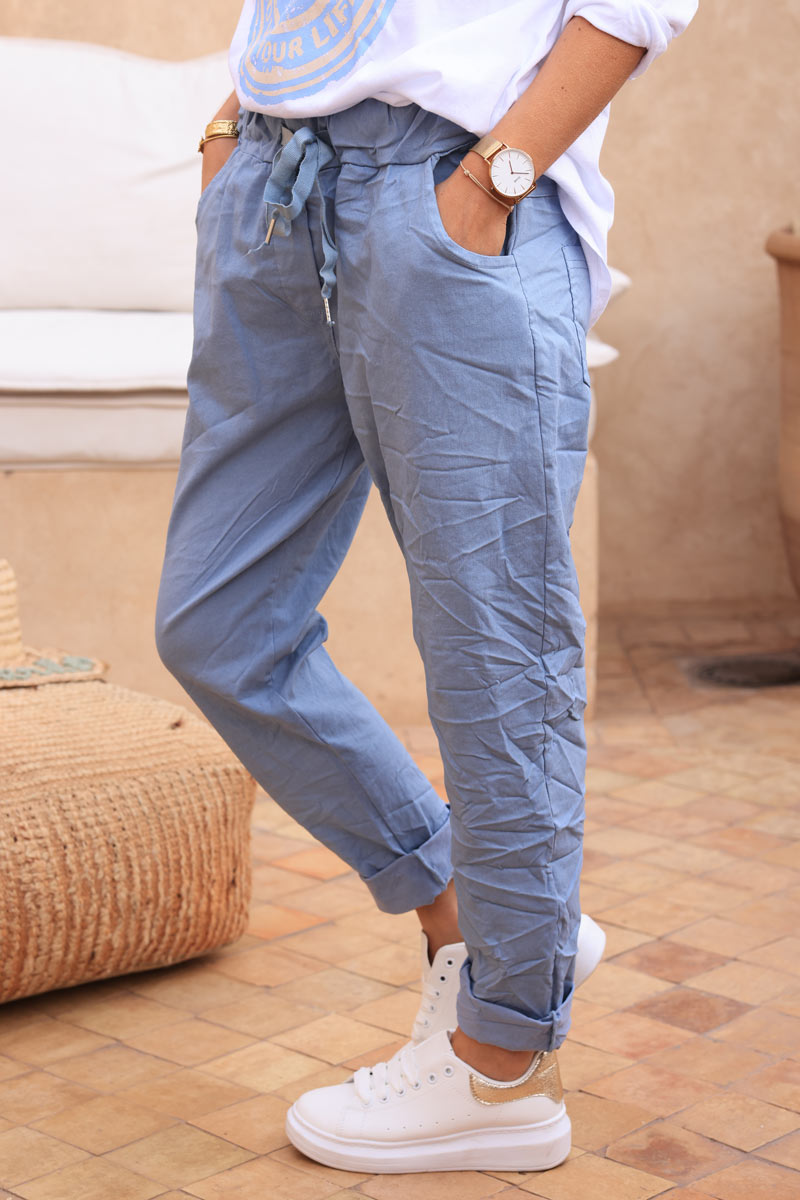 Dusty blue comfort and stretch fabric pants with a glitter star