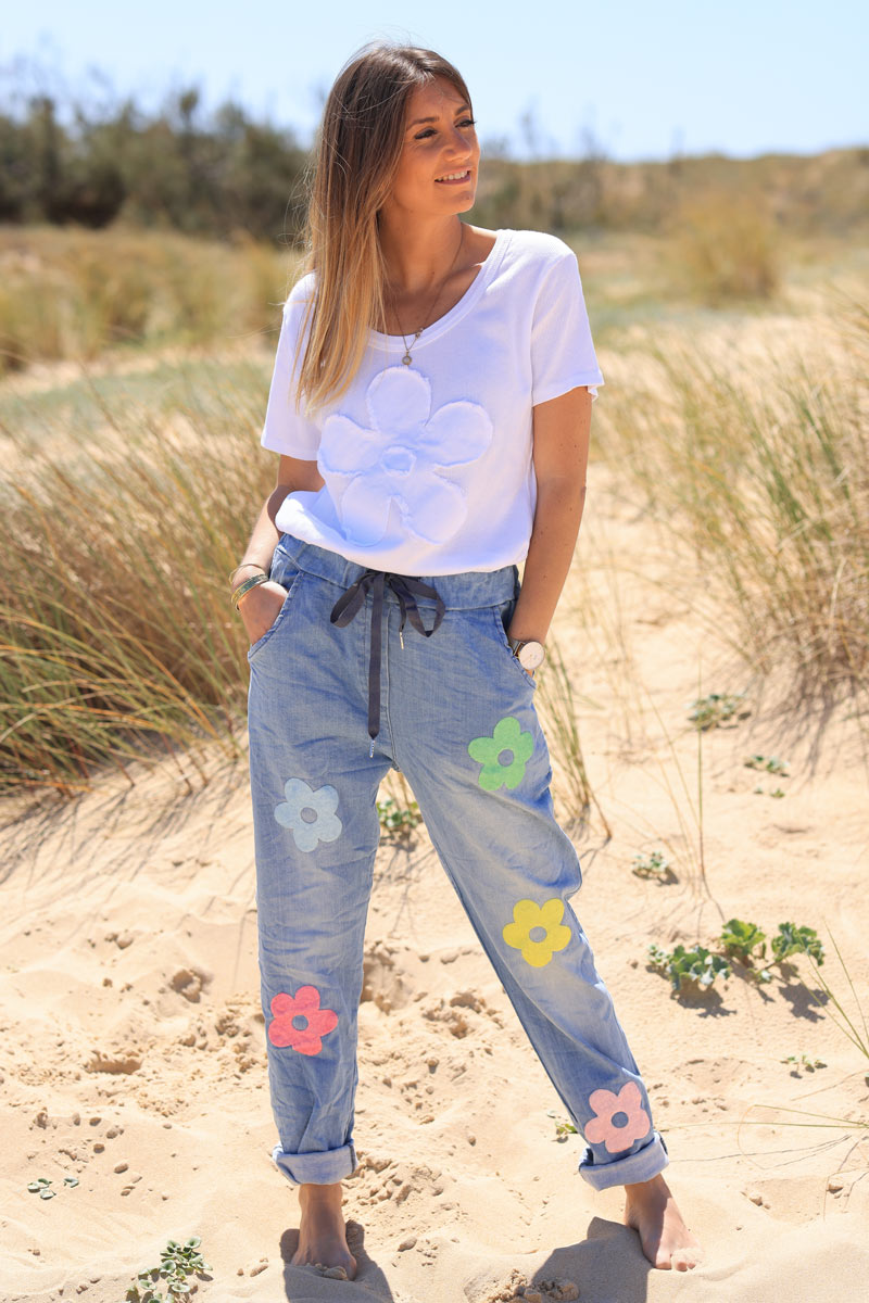 Comfort light denim effect trousers with boucle daisy patches