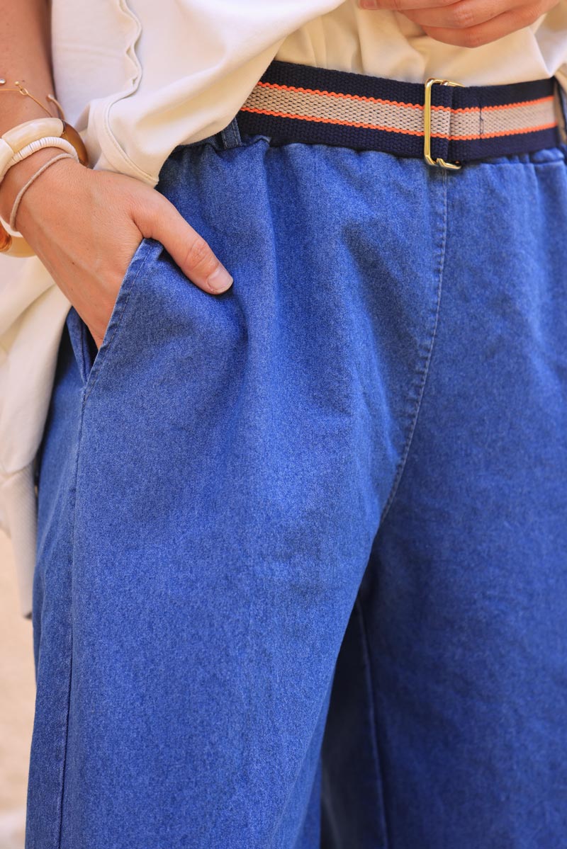 Denim stretchy straight cut pants with removable belt