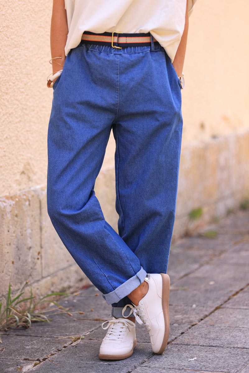 Denim stretchy straight cut pants with removable belt