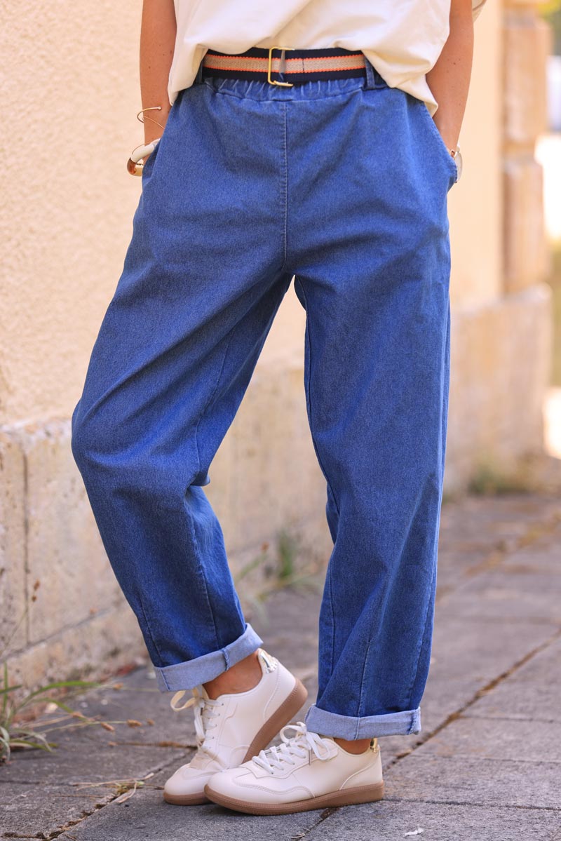 Denim stretchy straight cut pants with removable belt