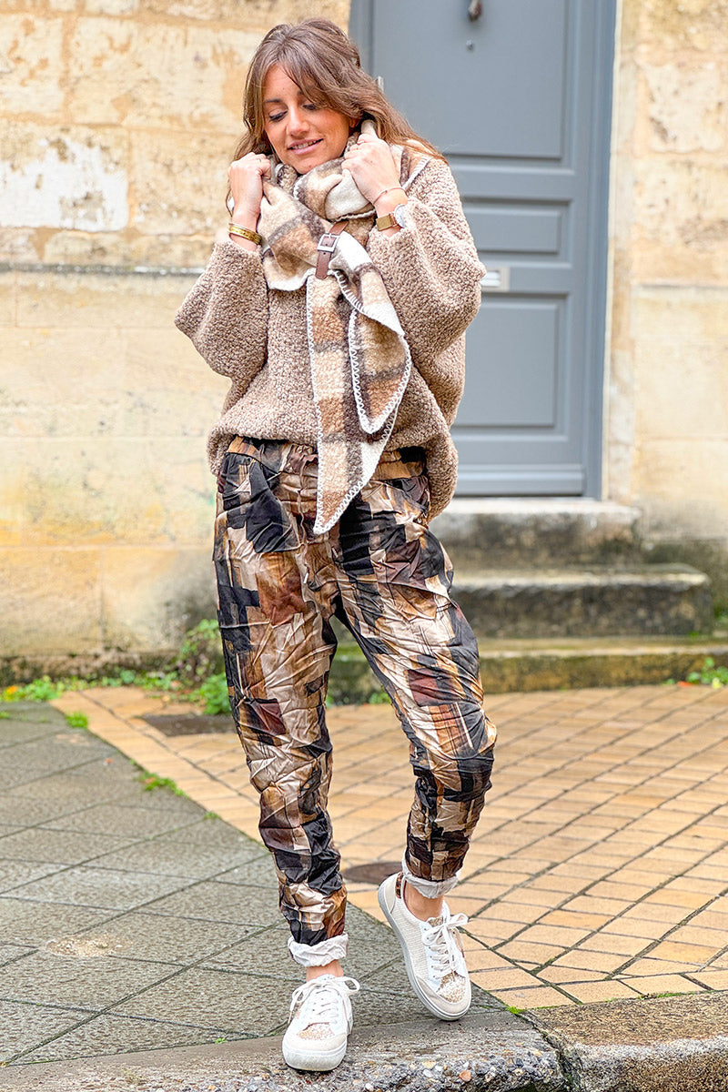 Taupe Abstract Square Pull-On Pants