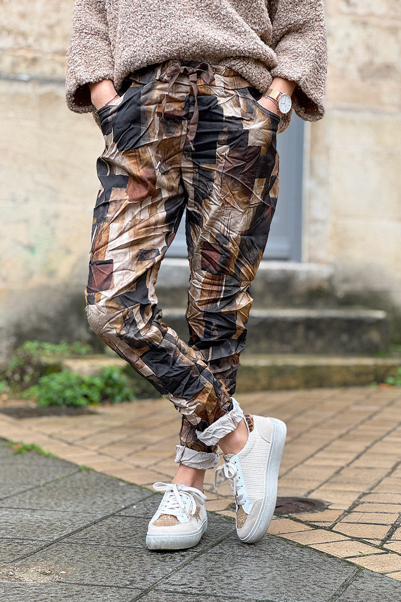 Taupe Abstract Square Pull-On Pants