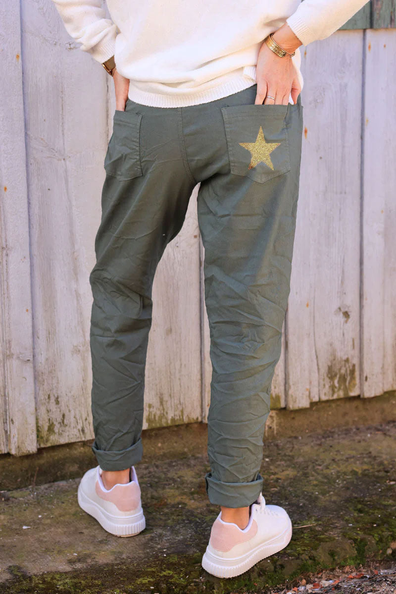 Olive comfort and stretch fabric pants with a glitter star