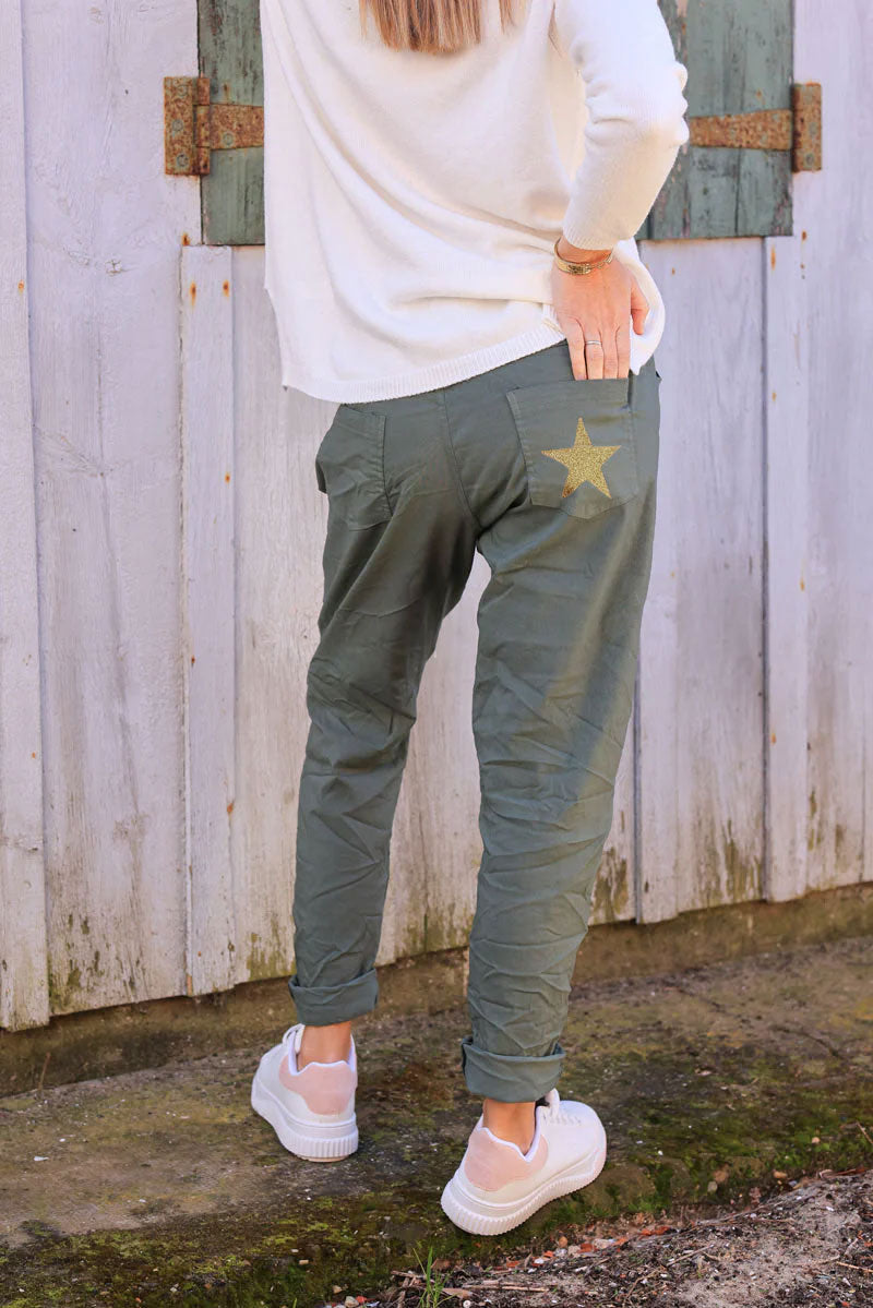 Olive comfort and stretch fabric pants with a glitter star