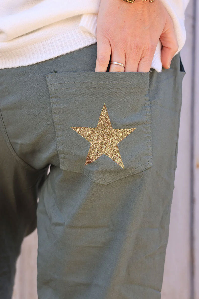 Olive comfort and stretch fabric pants with a glitter star