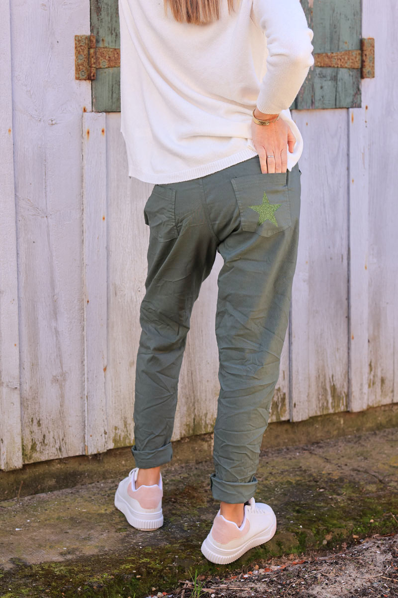 Summer khaki comfort and stretch fabric pants with a glitter star