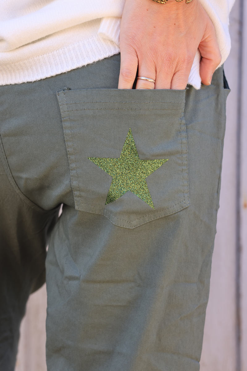 Pantalon confort kaki en toile stretch étoile brillante paillettes