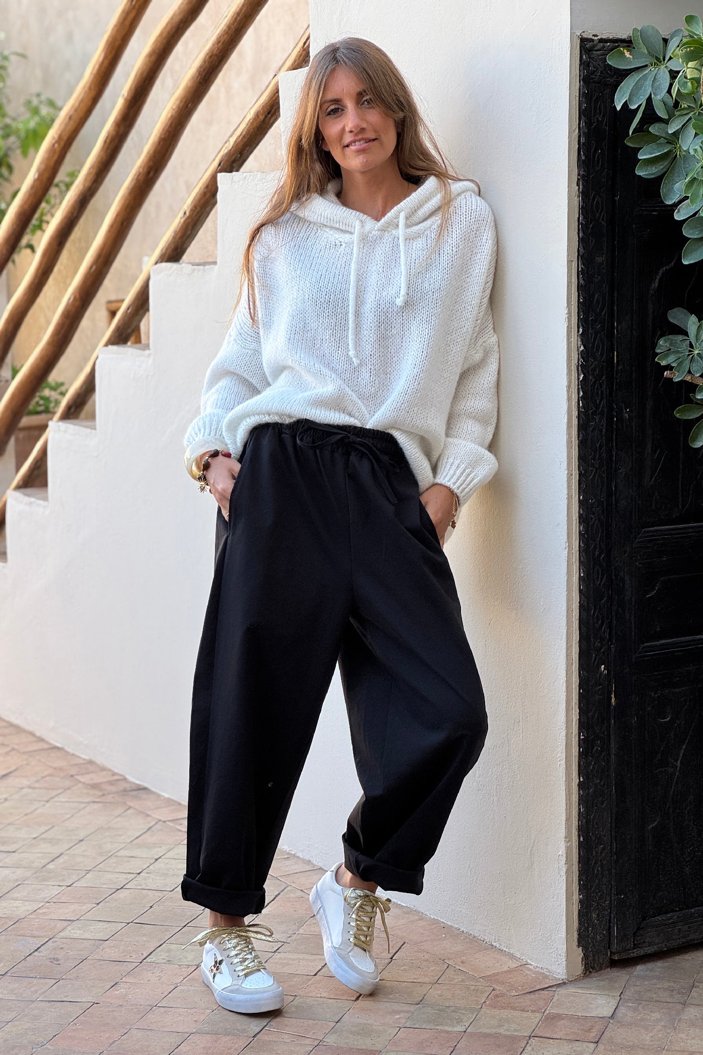 Black Poplin Pull-On Pants