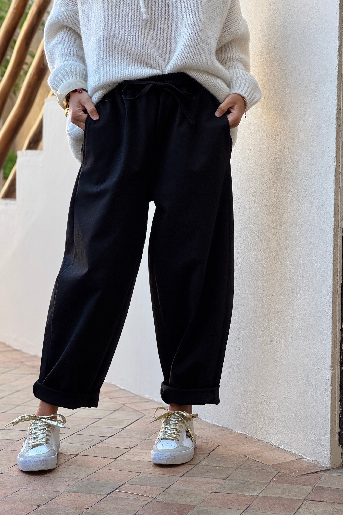 Black Poplin Pull-On Pants