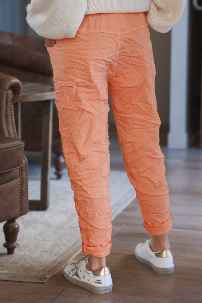 Light Orange Creased Effect Pants Elasticated Waist