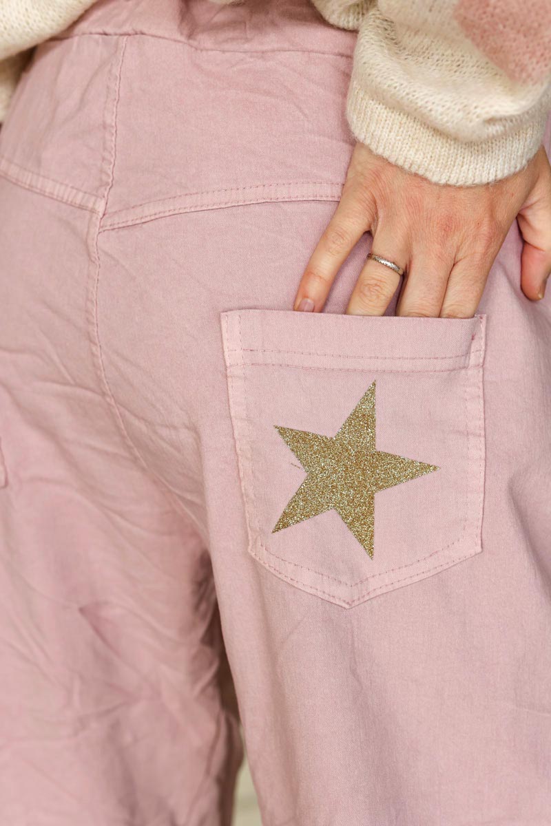 Pantalón confort rosa pálido de lona elástica con estrellas brillantes y purpurina