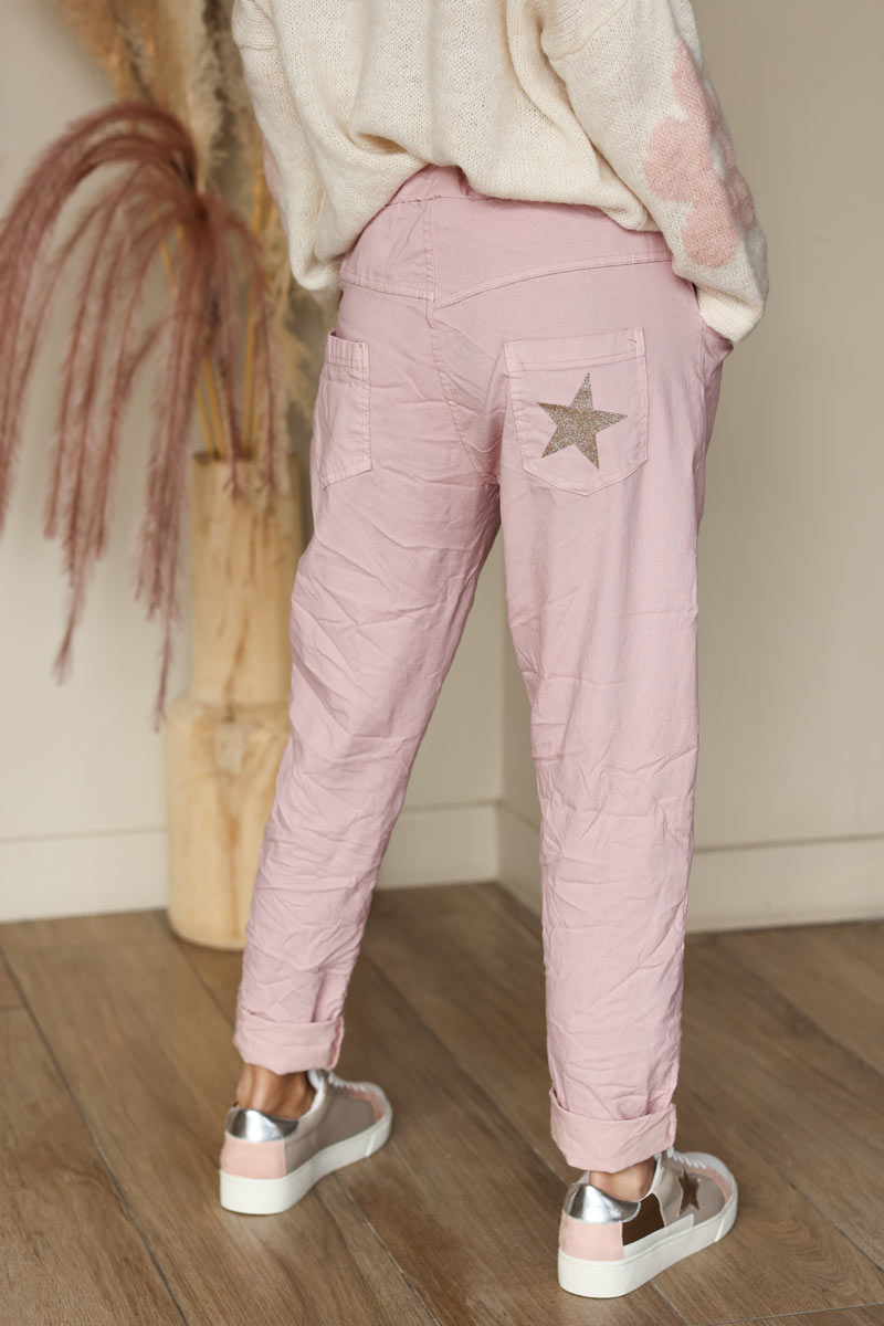 Pantalón confort rosa pálido de lona elástica con estrellas brillantes y purpurina