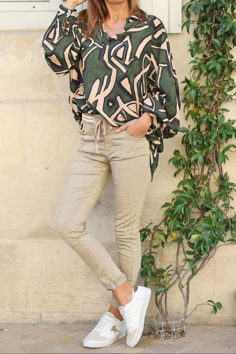Pantalon confort slim beige à ceinture élastique brillante
