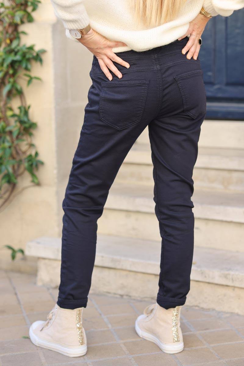 Pantalon confort slim bleu marine ceinture elastique brillante g226 (1)