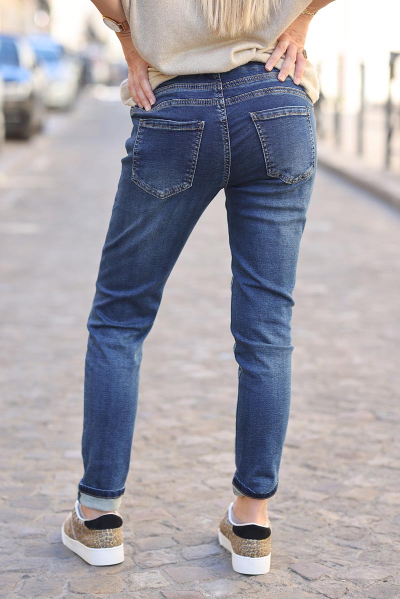 Pantalon confort slim denim ceinture elastique brillante g226 (1)