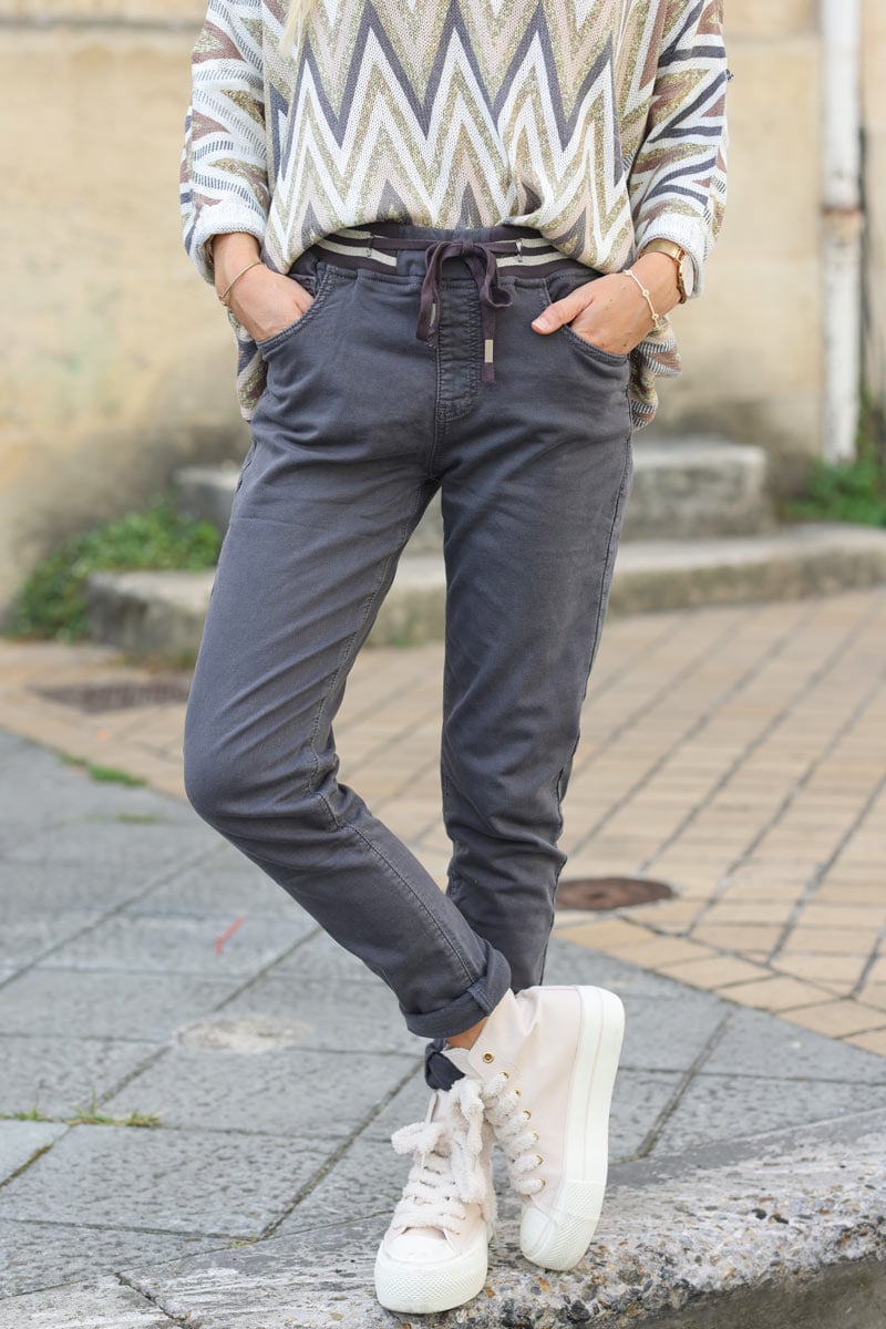 Pantalon confort slim gris fonce ceinture elastique brillante g226 (1)