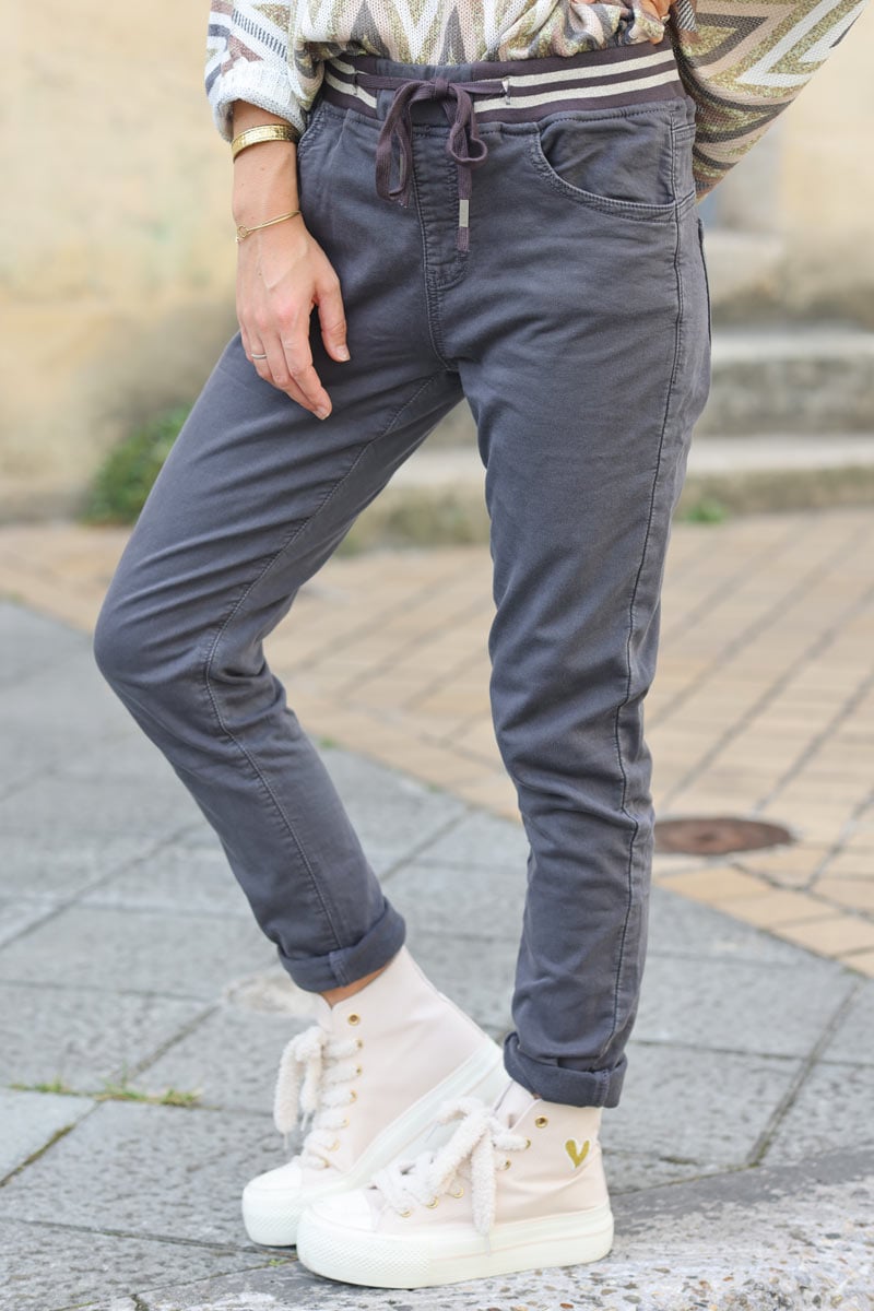 Pantalon confort slim gris fonce ceinture elastique brillante g226 (1)