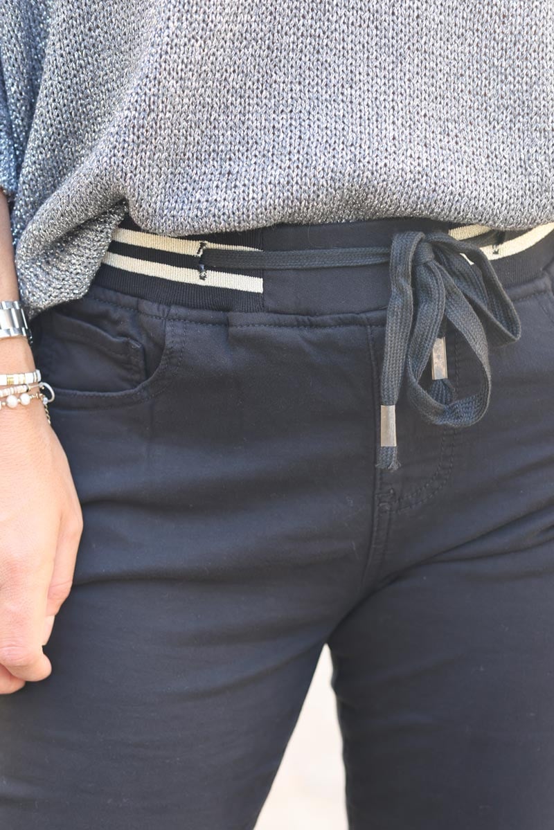 Pantalon confort slim noir ceinture elastique brillante g226 (1)