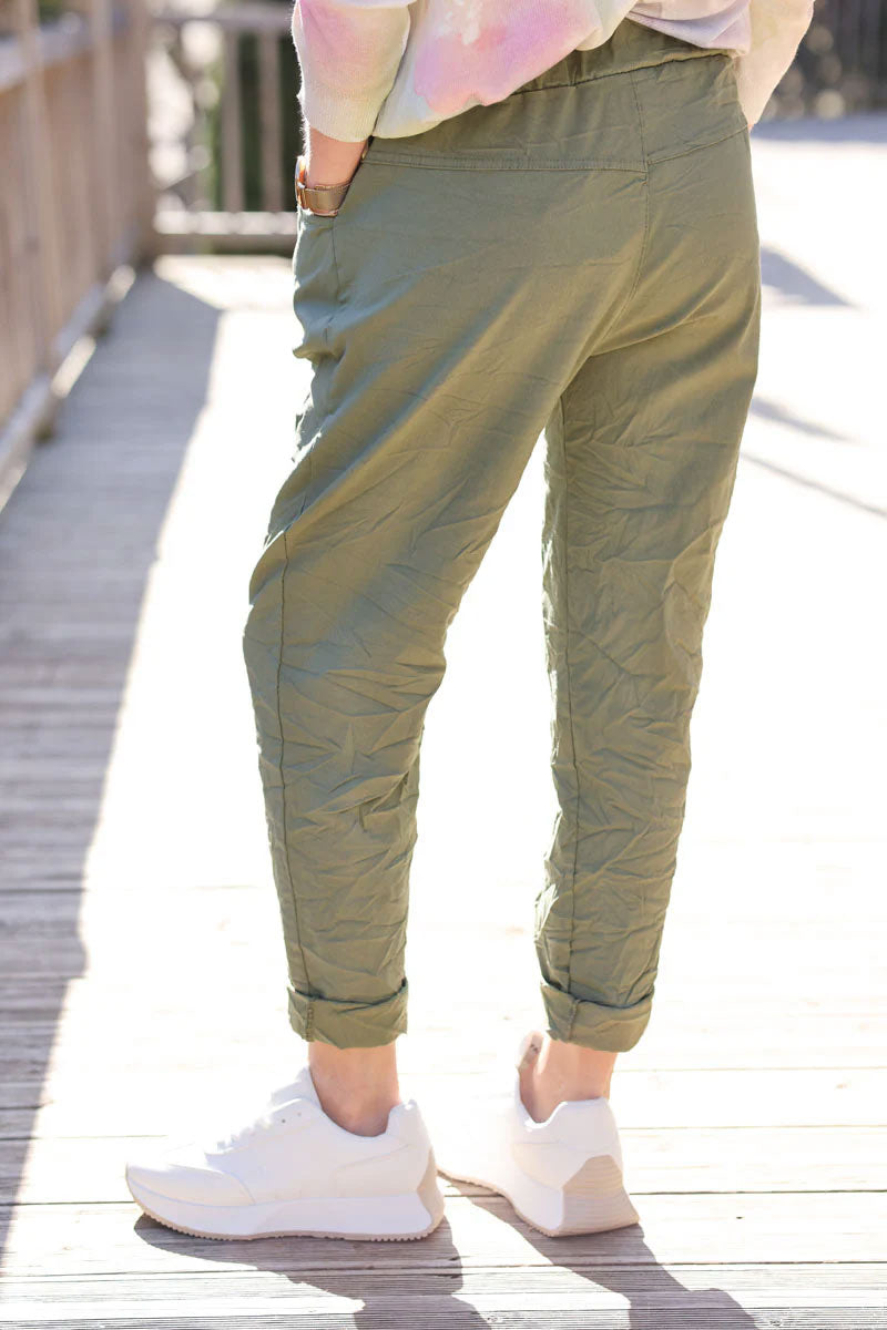 Light olive creased effect trousers elasticated waist