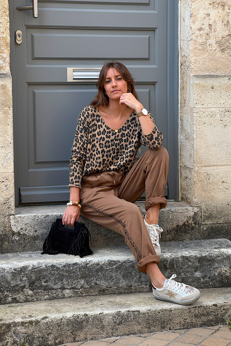 Camel Leopard Stripe Pull-On Pants