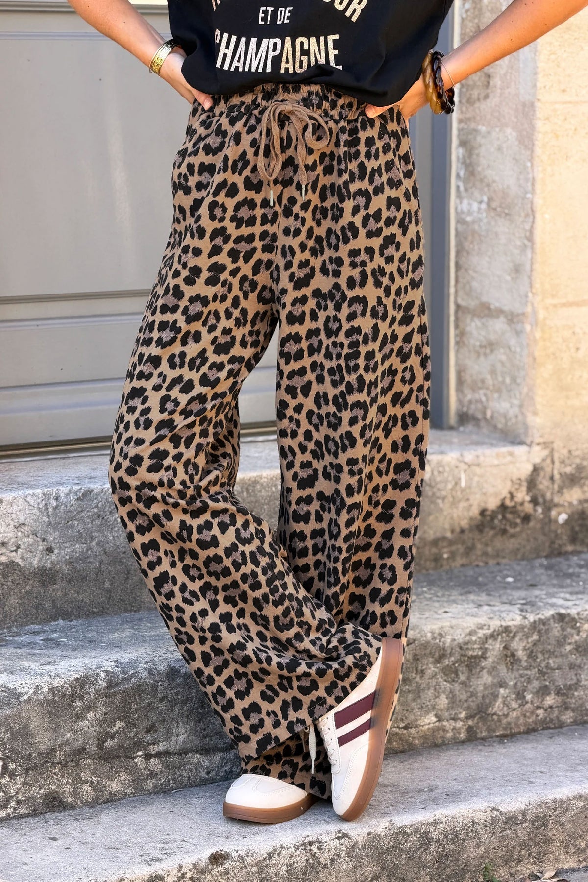 Pantalon de jogging imprimé léopard wide leg taille élastique