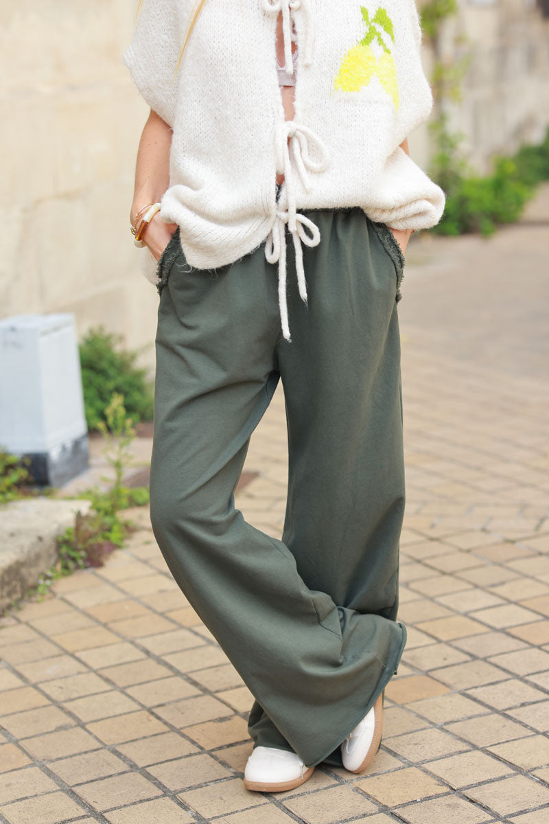 Khaki loose sweatpants with fringe detail pockets