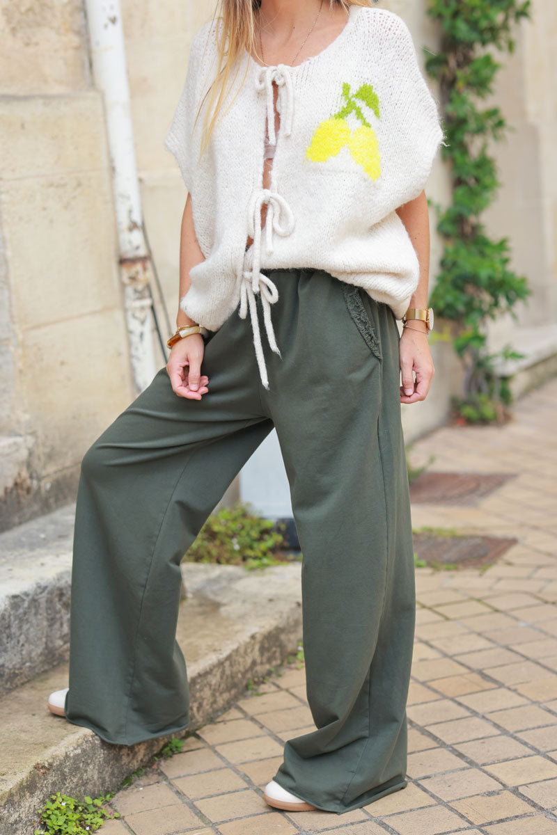 Khaki loose sweatpants with fringe detail pockets