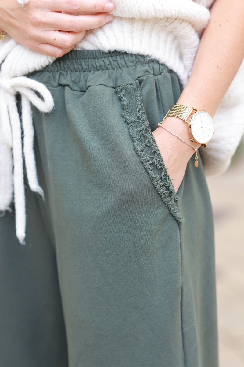 Khaki loose sweatpants with fringe detail pockets