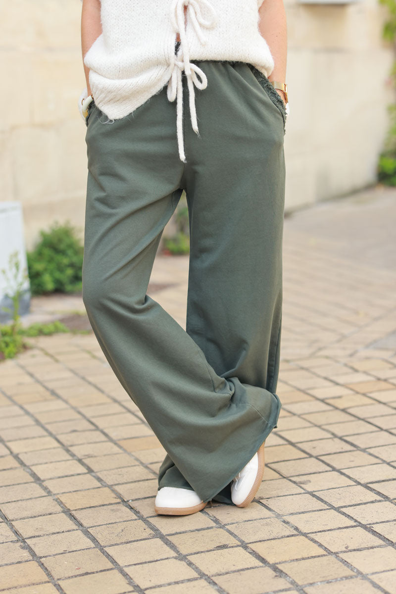 Khaki loose sweatpants with fringe detail pockets