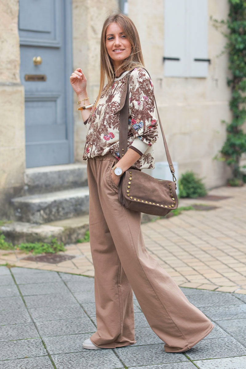 Taupe loose sweatpants with fringe detail pockets