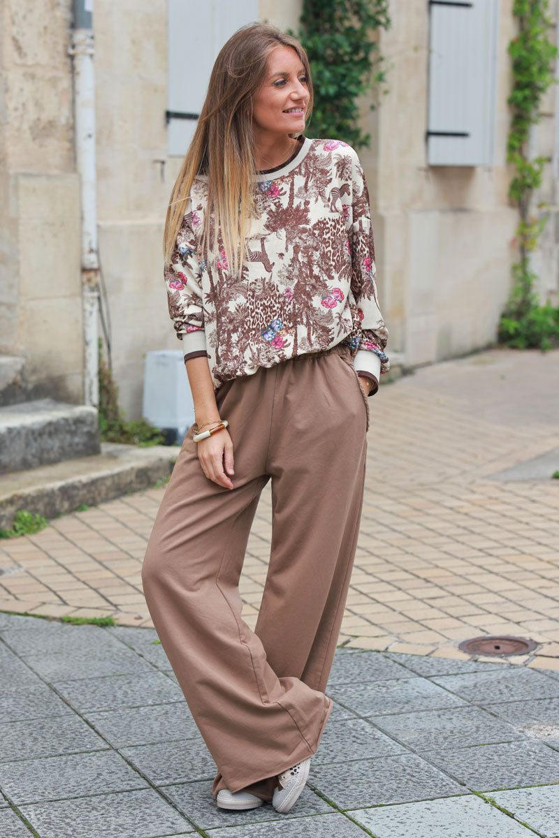 Taupe loose sweatpants with fringe detail pockets