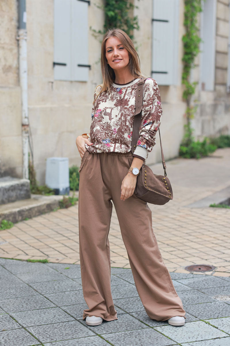 Taupe loose sweatpants with fringe detail pockets