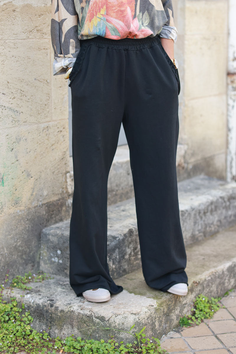 Pantalon de jogging noir large confort ceinture élastique poches franges