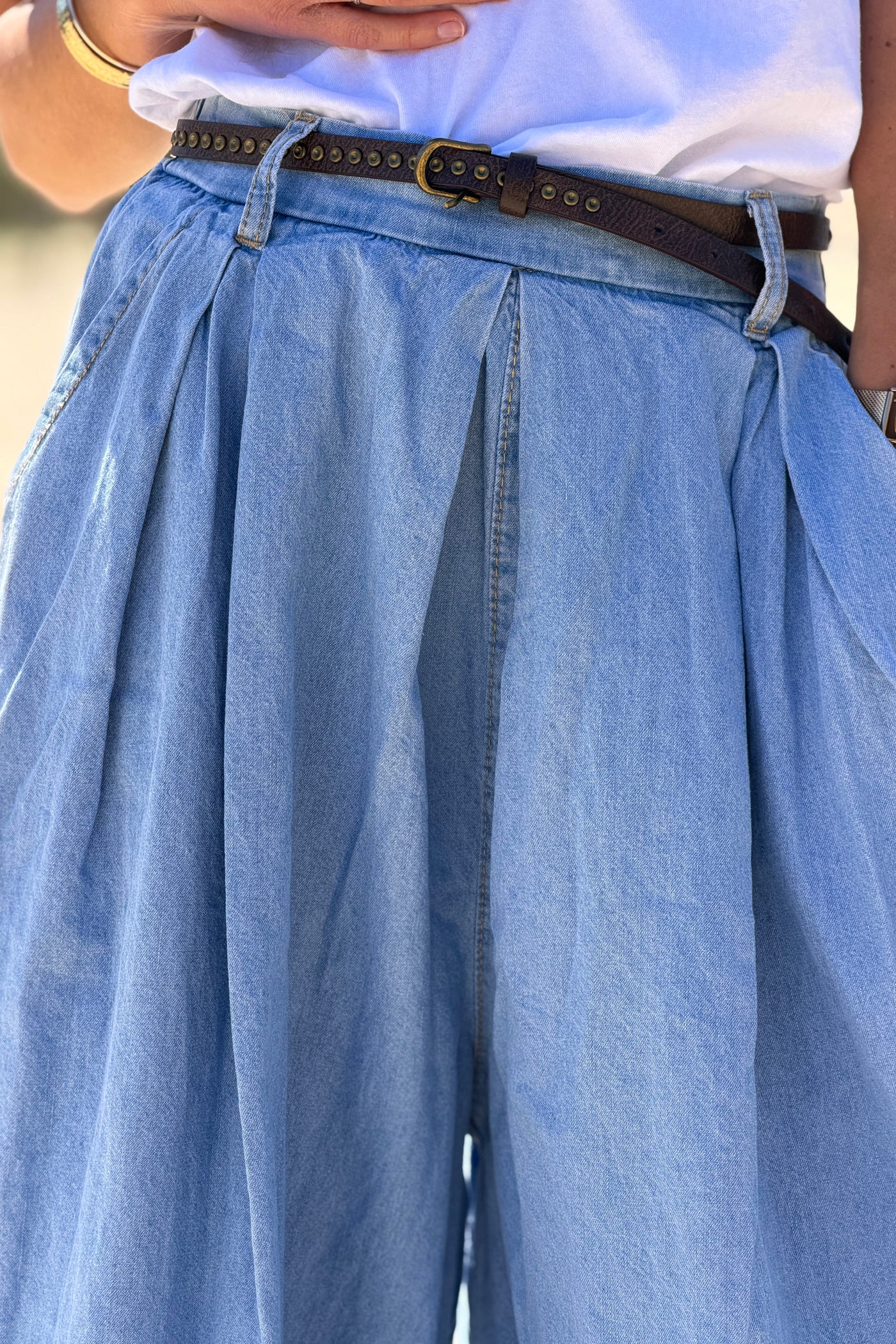 Light Chambray Draped Wide Leg Trouser Jeans with Studded Belt
