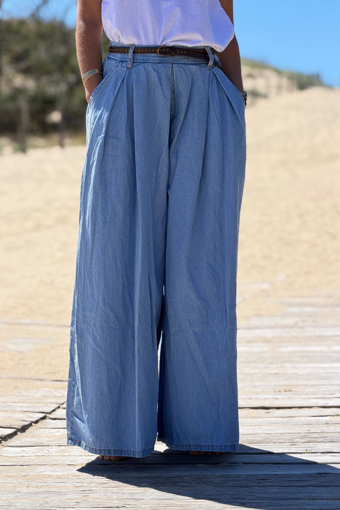 Light Chambray Draped Wide Leg Trouser Jeans with Studded Belt