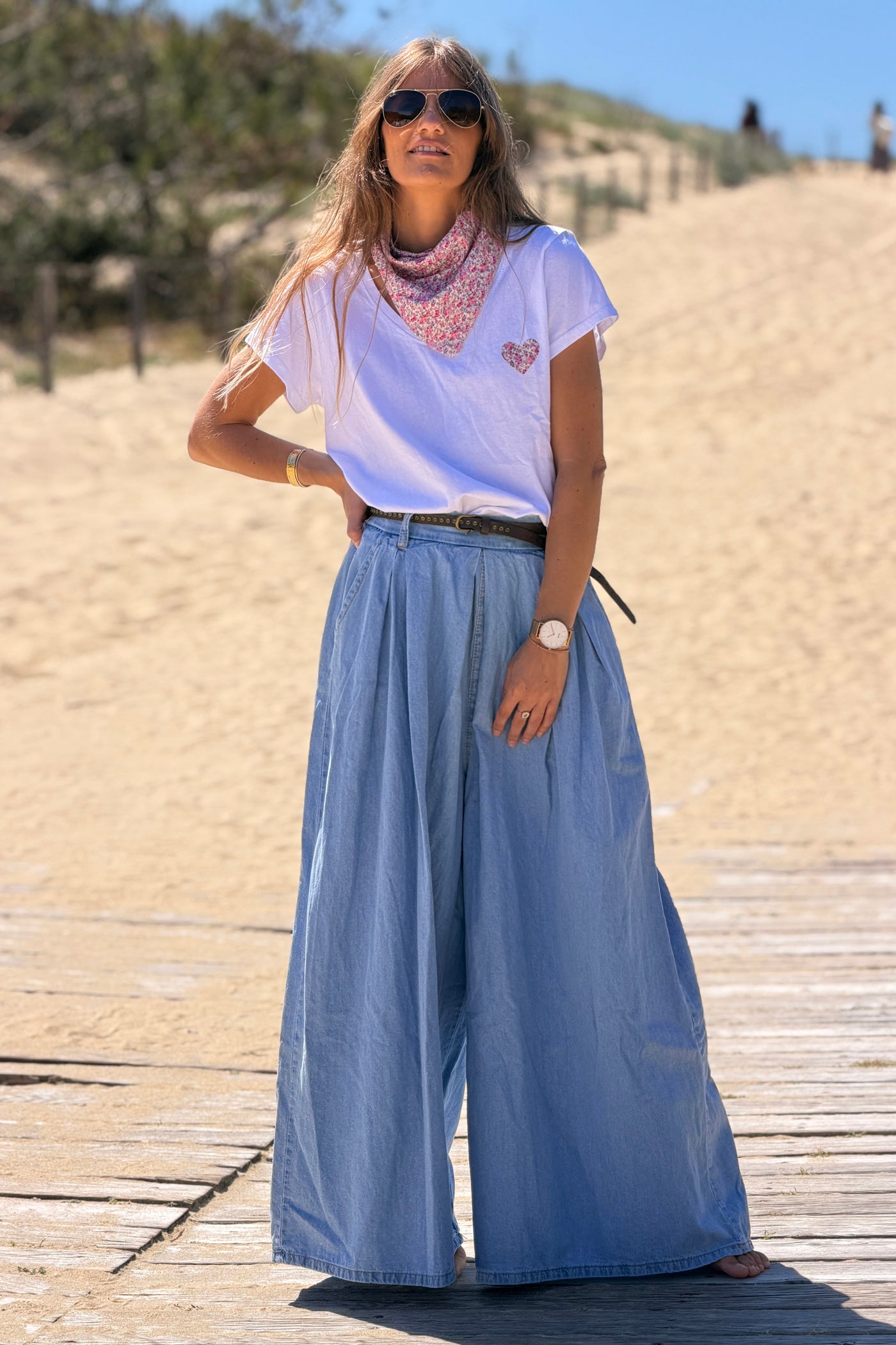 Light Chambray Draped Wide Leg Trouser Jeans with Studded Belt