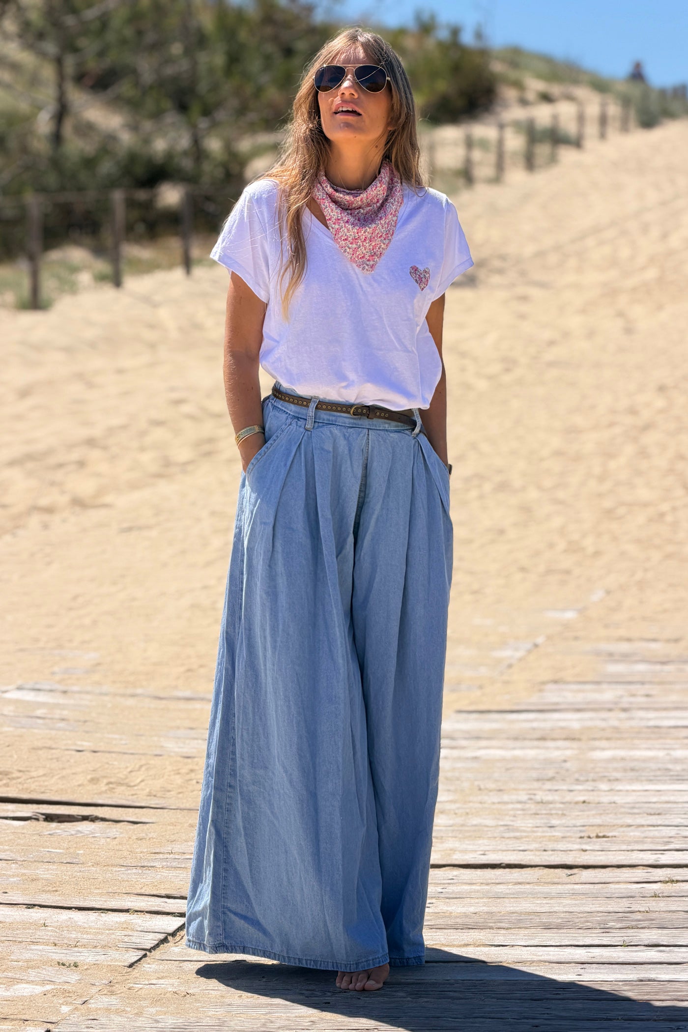 Pantalon denim fluide extra large petite ceinture simili